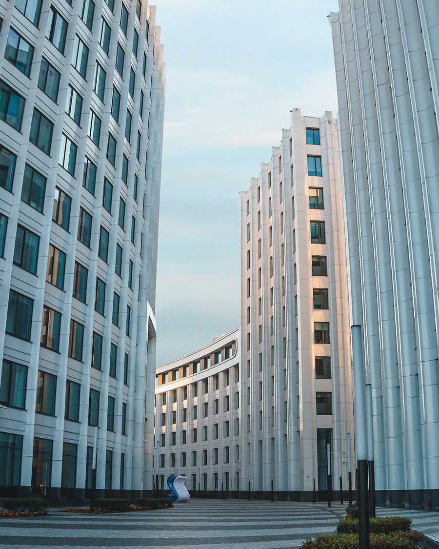 Large office blocks and view of external public space