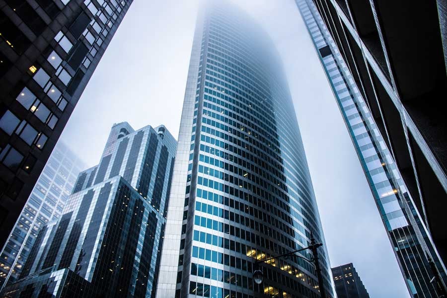 Skyscrapers with focus blur at center top of image