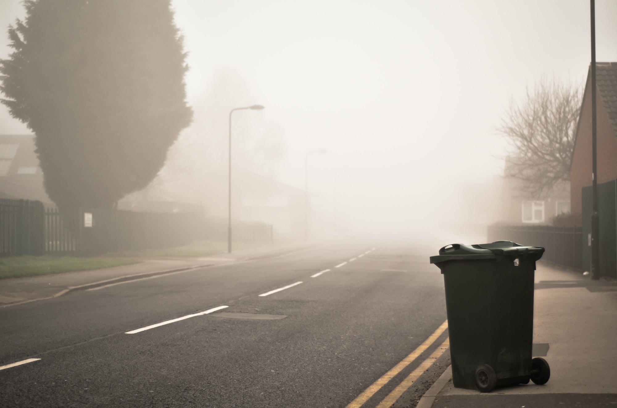 Misty Suburban Neighborhood with Bin
