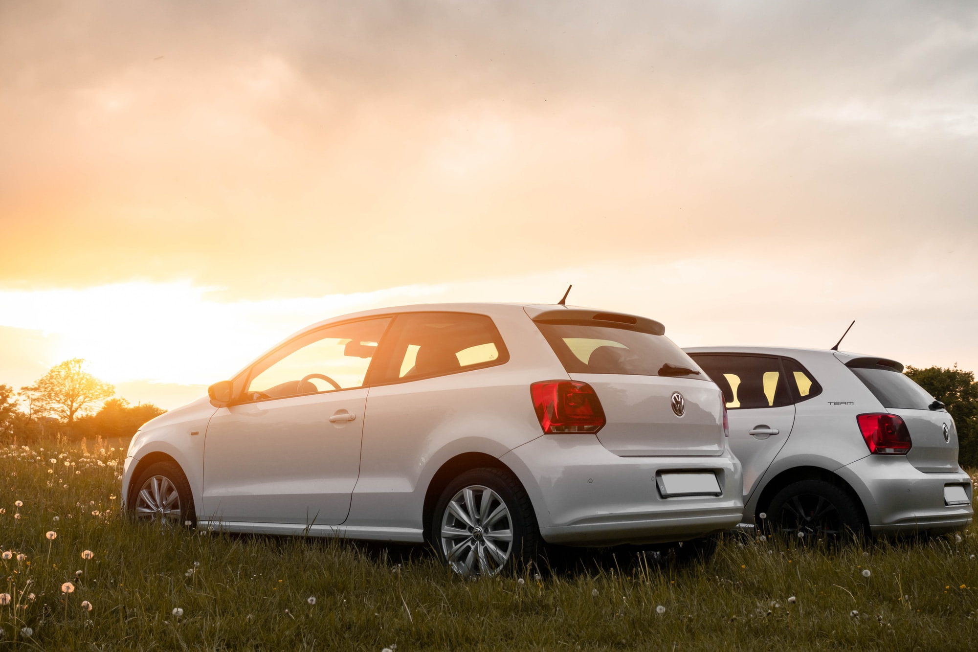 Two cars in the sunset.