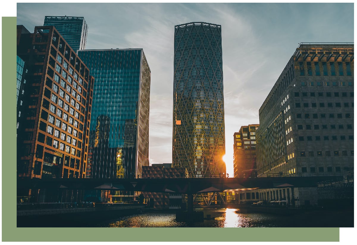 Buildings with sunlight behind